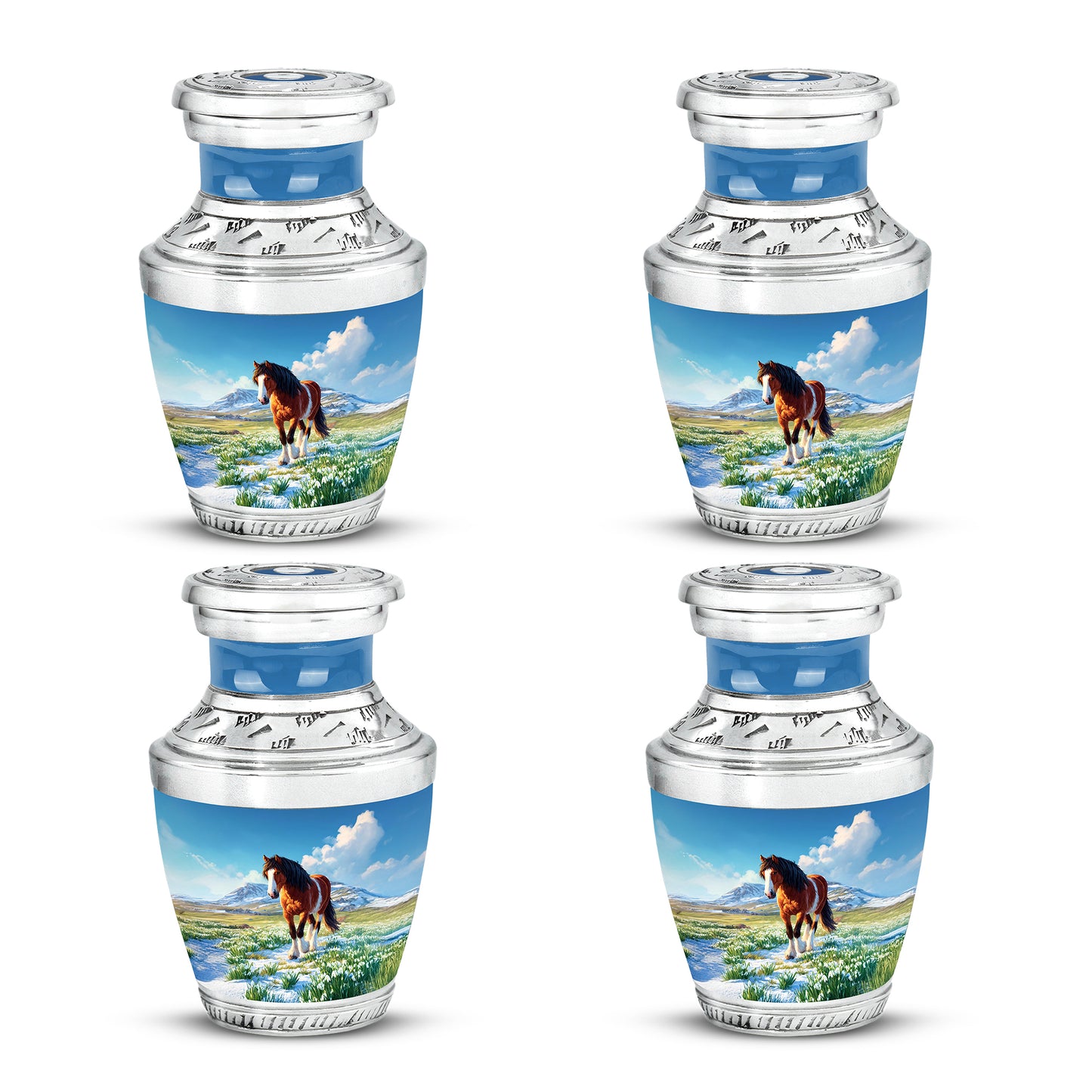Indigo Horse Cremation Urn back view with polished surface - contemporary horse design with modern artistic flair - 10 inch aluminum urn for cremated remains