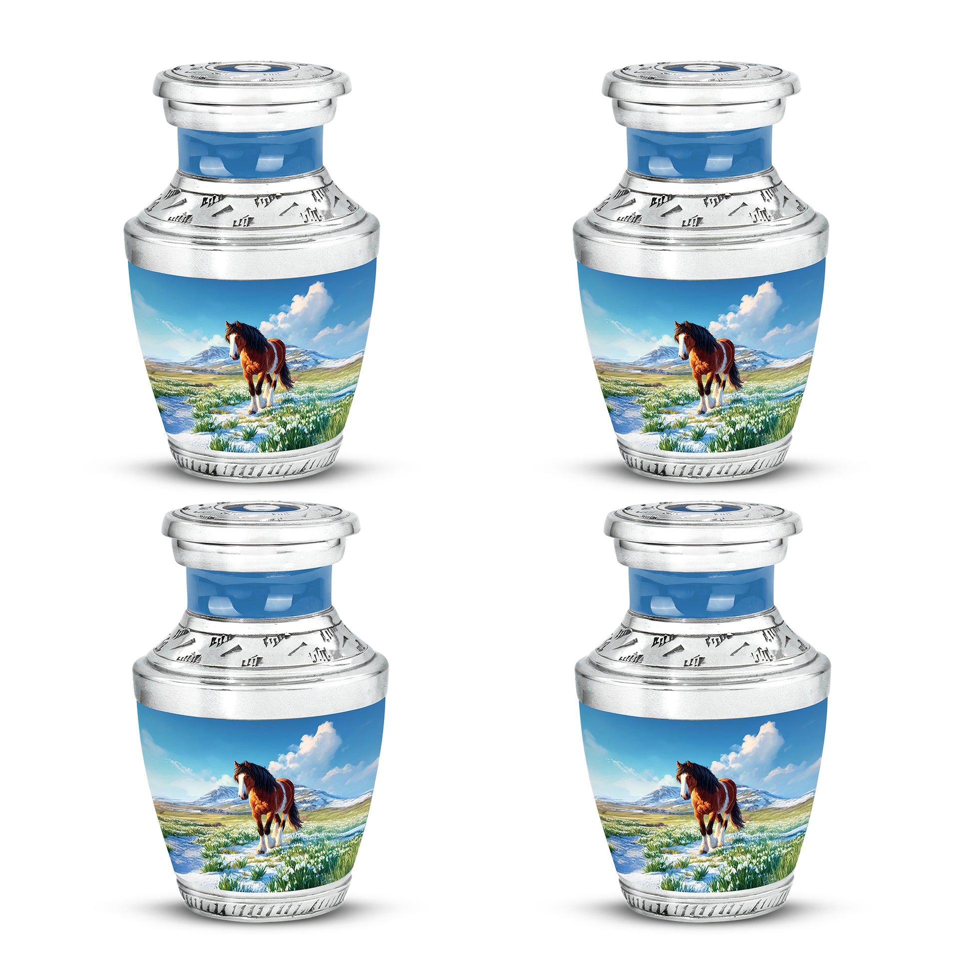 Indigo Horse Cremation Urn back view with polished surface - contemporary horse design with modern artistic flair - 10 inch aluminum urn for cremated remains