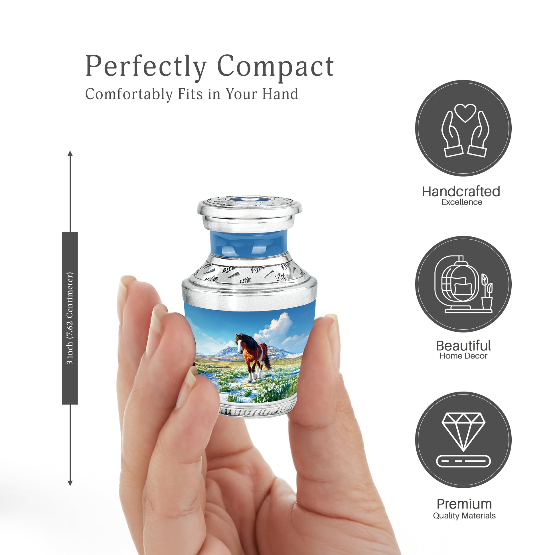 Bright Blue Horse Cremation Urn top-down view of secure threaded lid - artistic horse interpretation with creative detail - mini keepsake memorial for portion of cremation ashes