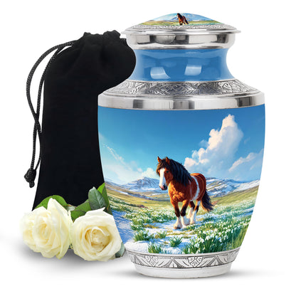 Calming Blue Horse Cremation Urn side profile showing urn shape - stylized abstract horse pattern with bold lines - full-size 10 inch 200 cubic inch adult cremation urn
