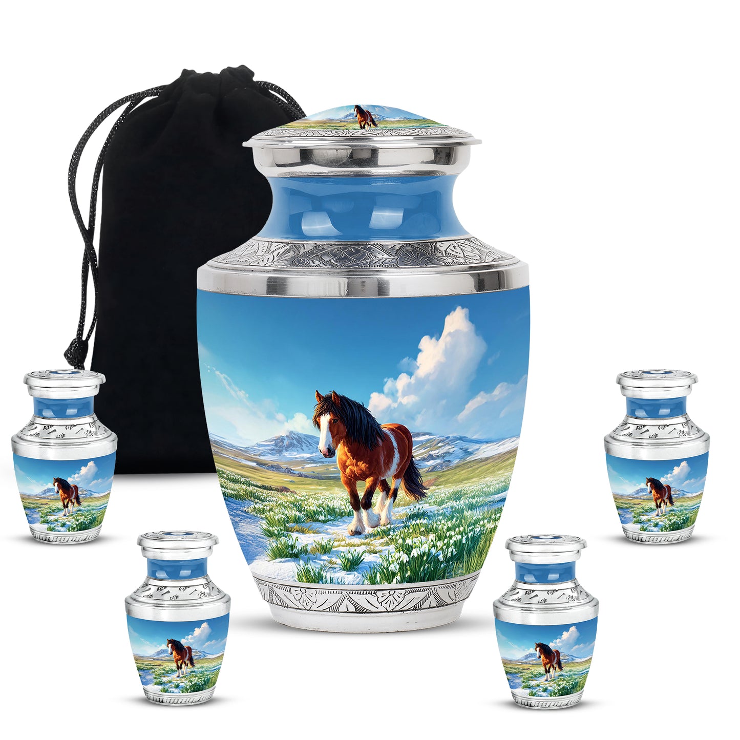 Misty Blue Horse Cremation Urn lifestyle display on memorial shelf - modern art-inspired horse motif on sleek aluminum - memorial set with one large and four small urns