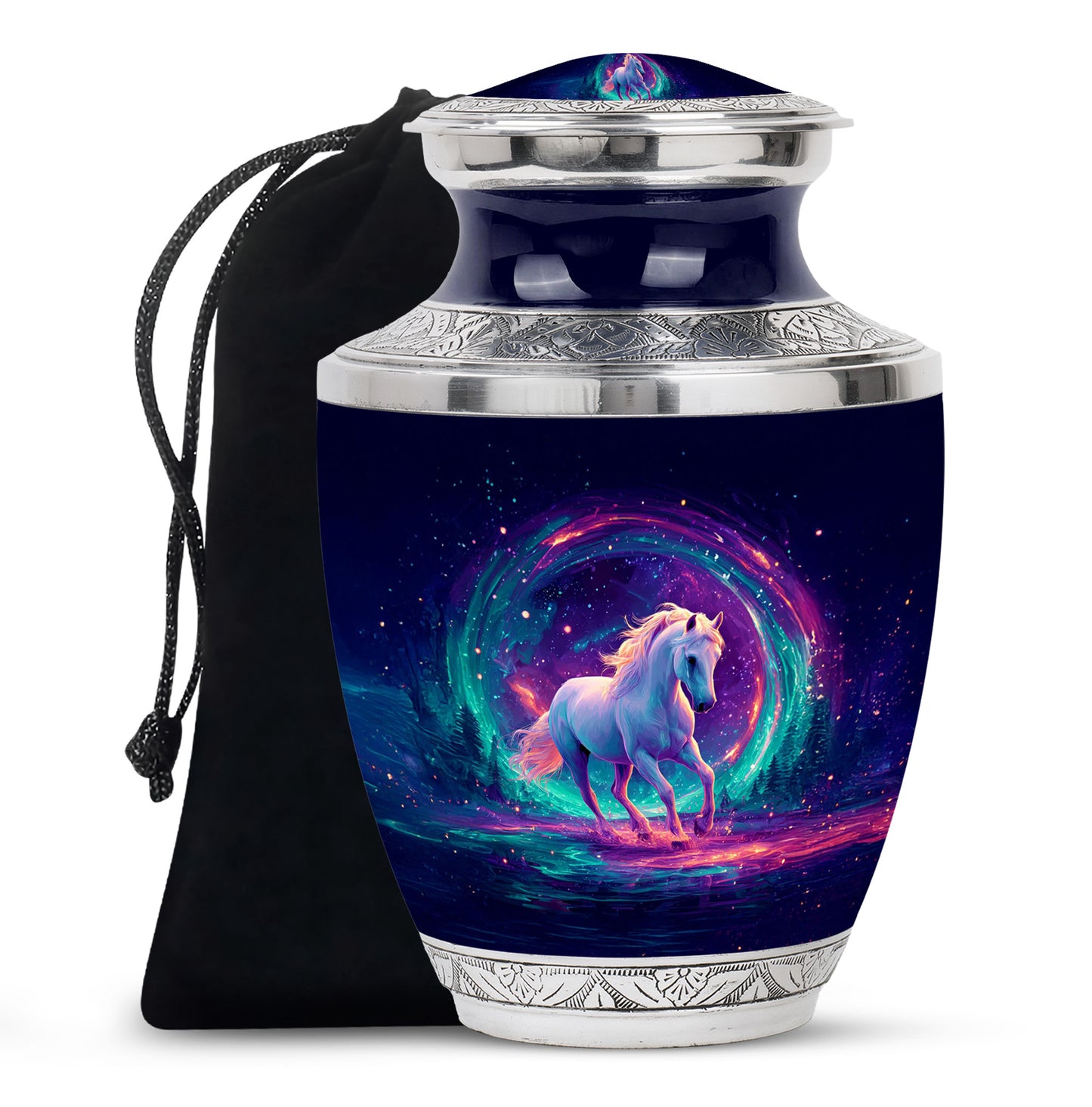 Dusty Blue Horse Cremation Urn side profile showing urn shape - modern art-inspired horse motif on sleek aluminum - full-size 10 inch 200 cubic inch adult cremation urn