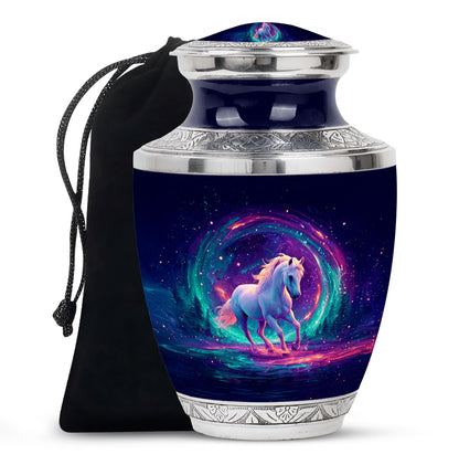 Dusty Blue Horse Cremation Urn side profile showing urn shape - modern art-inspired horse motif on sleek aluminum - full-size 10 inch 200 cubic inch adult cremation urn