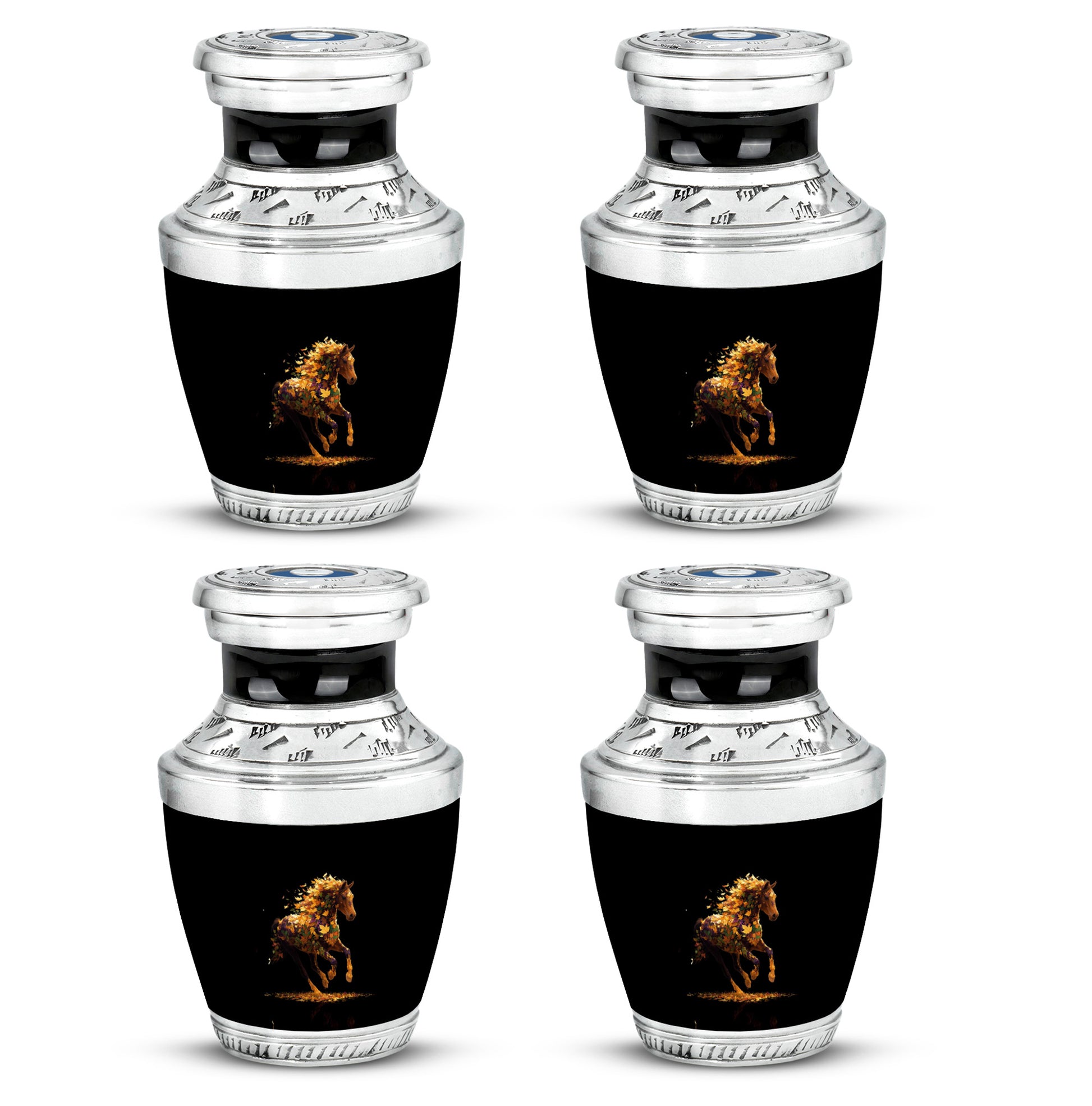 Dark Black Horse Cremation Urn back view with polished surface - stylized abstract horse pattern with bold lines - 10 inch aluminum urn for cremated remains