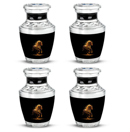 Dark Black Horse Cremation Urn back view with polished surface - stylized abstract horse pattern with bold lines - 10 inch aluminum urn for cremated remains