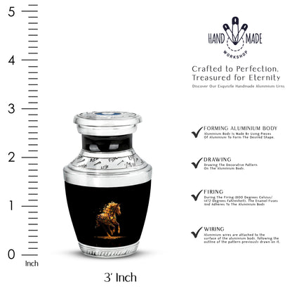 Midnight Black Horse Cremation Urn top-down view of secure threaded lid - artistic horse interpretation with creative detail - mini keepsake memorial for portion of cremation ashes