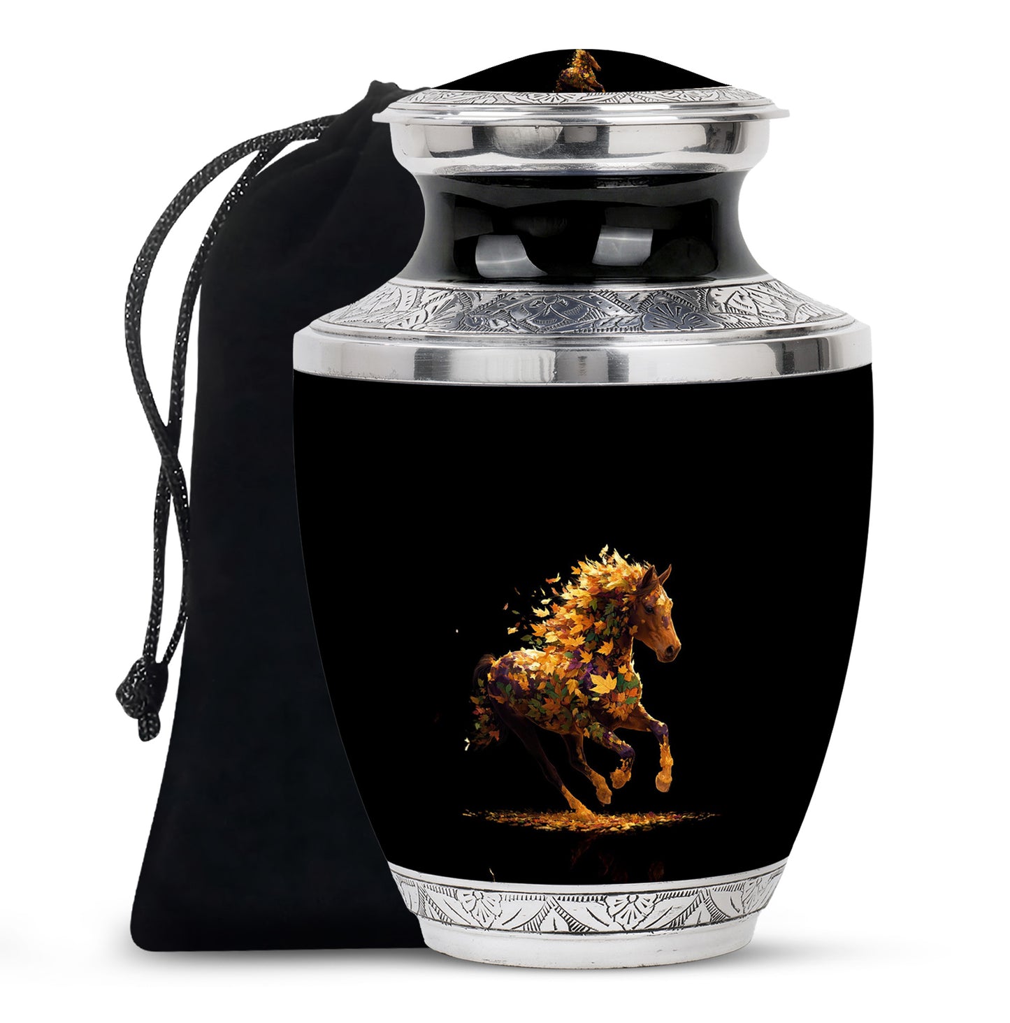 Onyx Black Horse Cremation Urn side profile showing urn shape - artistic horse interpretation with creative detail - full-size 10 inch 200 cubic inch adult cremation urn
