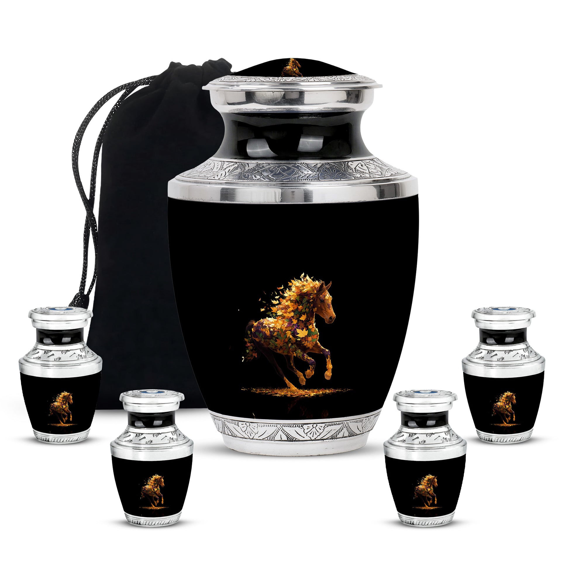 Rich Black Horse Cremation Urn lifestyle display on memorial shelf - contemporary horse design with modern artistic flair - memorial set with one large and four small urns