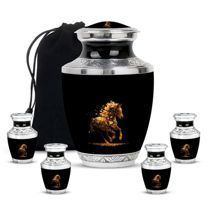 Rich Black Horse Cremation Urn lifestyle display on memorial shelf - contemporary horse design with modern artistic flair - memorial set with one large and four small urns