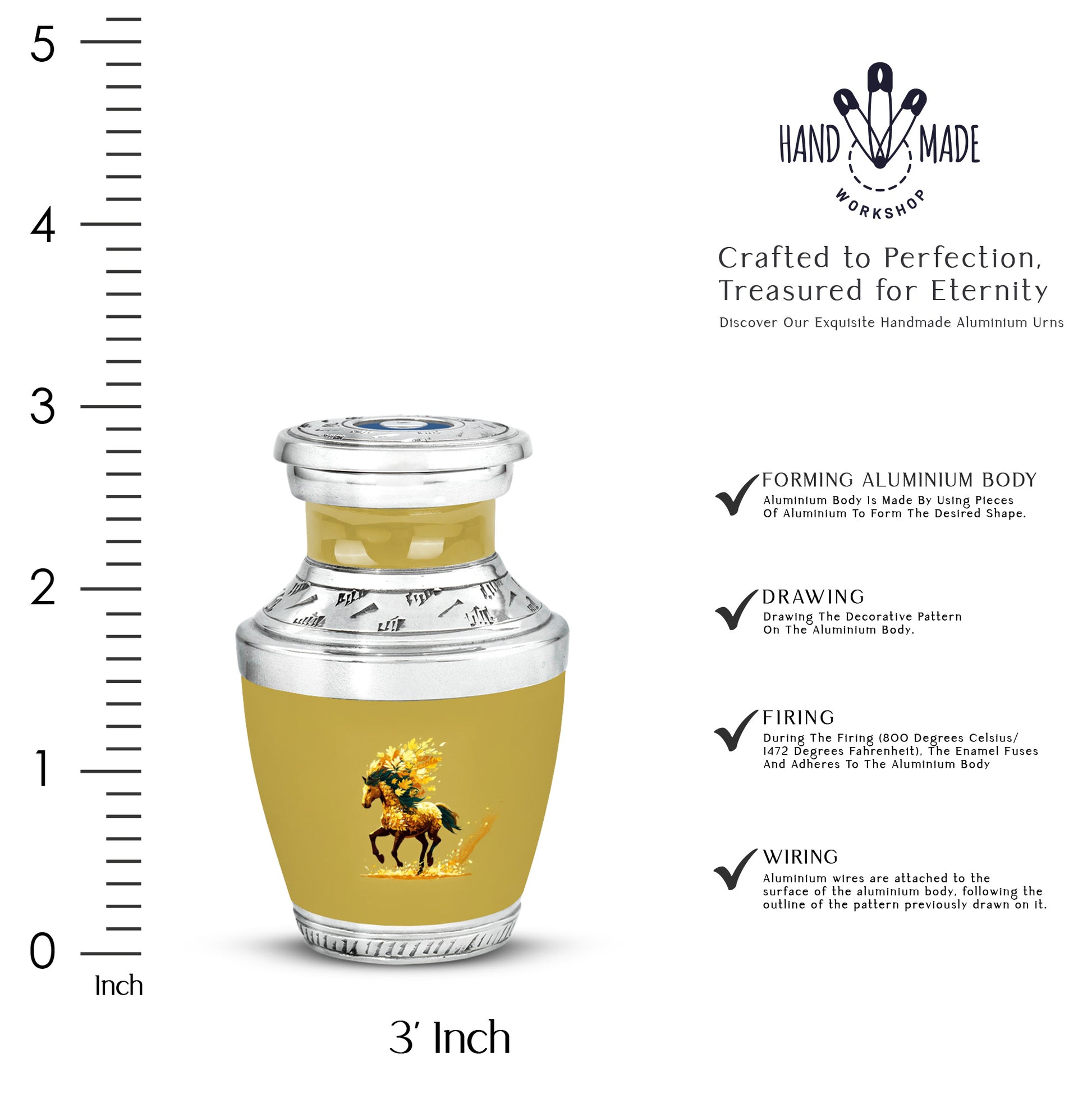 Royal Gold Horse Cremation Urn top-down view of secure threaded lid - stylized abstract horse pattern with bold lines - mini keepsake memorial for portion of cremation ashes
