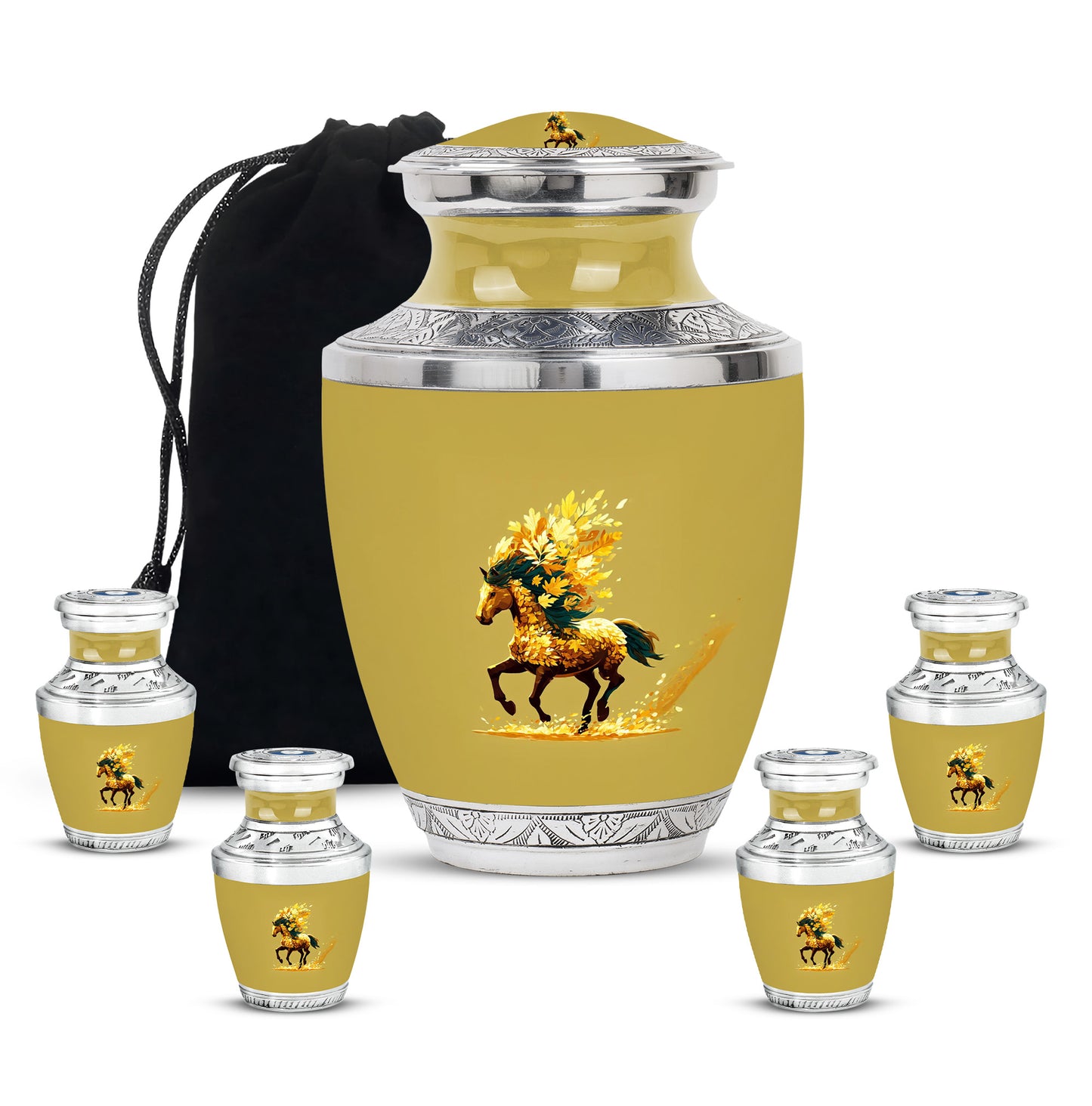 Warm Gold Horse Cremation Urn lifestyle display on memorial shelf - stylized abstract horse pattern with bold lines - memorial set with one large and four small urns