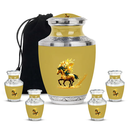 Warm Gold Horse Cremation Urn lifestyle display on memorial shelf - stylized abstract horse pattern with bold lines - memorial set with one large and four small urns