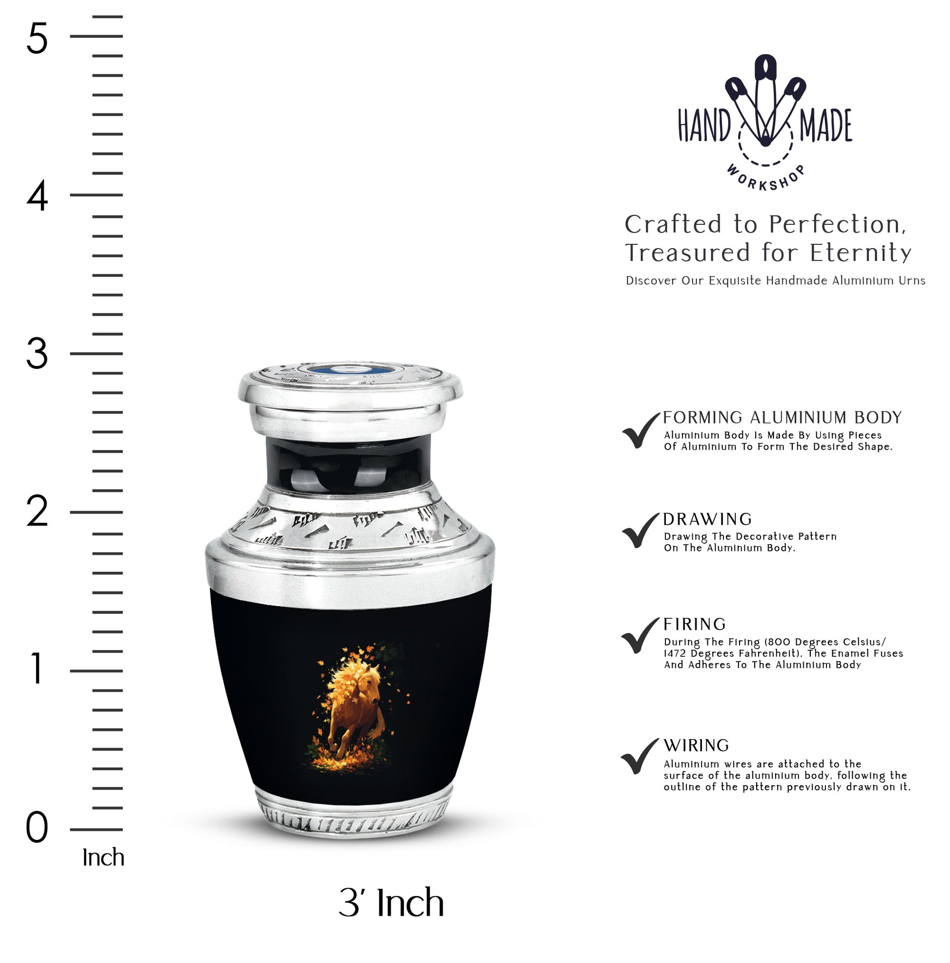 Vivid Blue Horse Cremation Urn top-down view of secure threaded lid - stylized abstract horse pattern with bold lines - mini keepsake memorial for portion of cremation ashes
