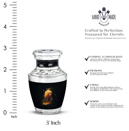 Vivid Blue Horse Cremation Urn top-down view of secure threaded lid - stylized abstract horse pattern with bold lines - mini keepsake memorial for portion of cremation ashes
