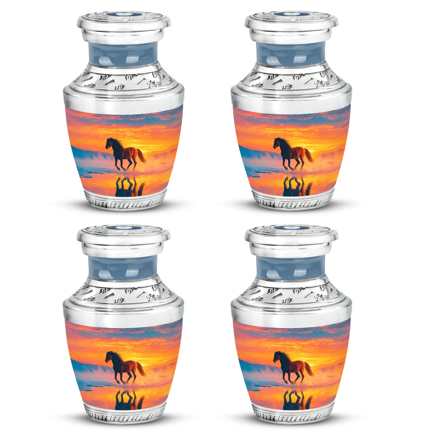 Navy Blue Horse Cremation Urn back view with polished surface - modern art-inspired horse motif on sleek aluminum - 10 inch aluminum urn for cremated remains