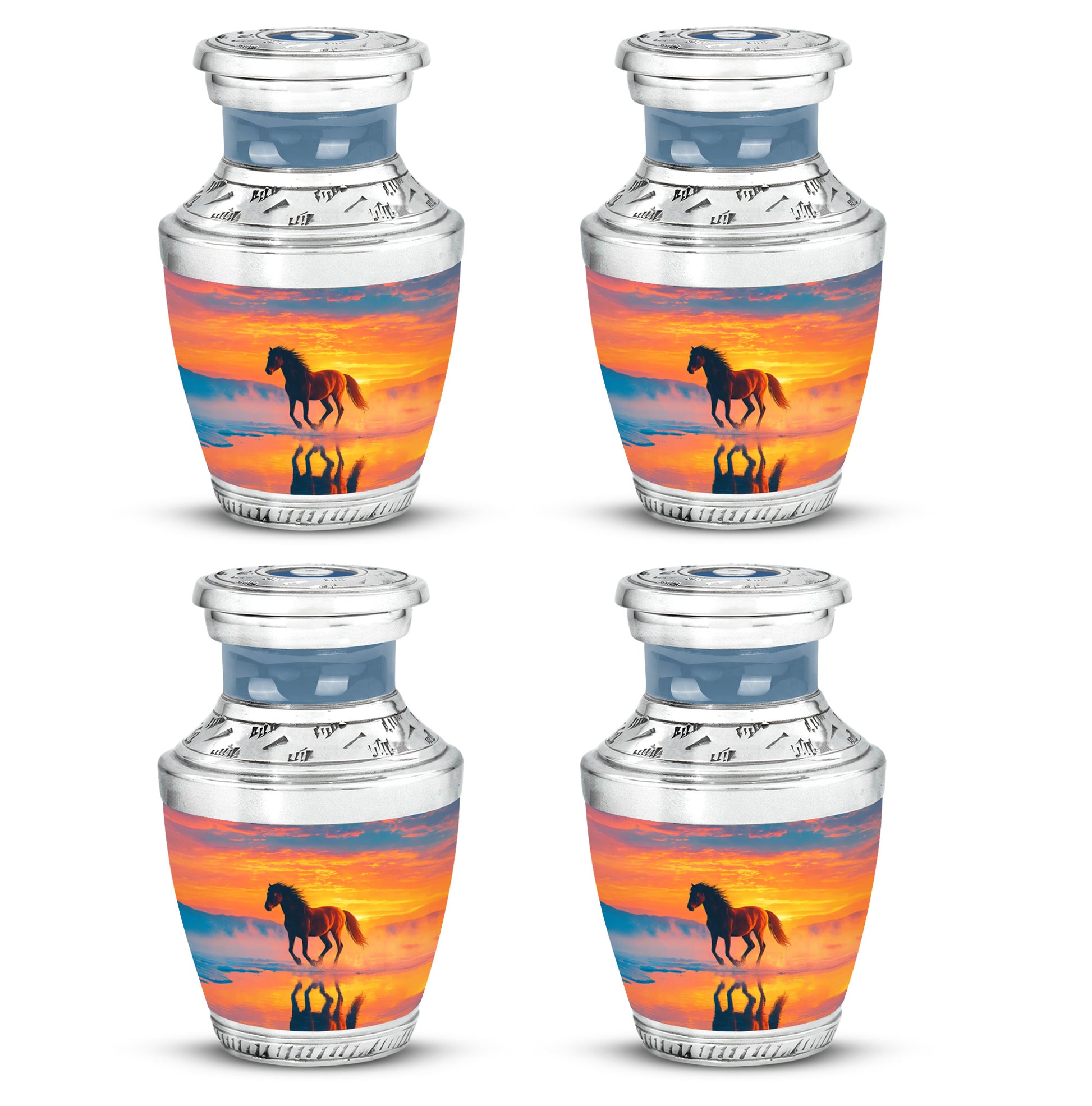 Navy Blue Horse Cremation Urn back view with polished surface - modern art-inspired horse motif on sleek aluminum - 10 inch aluminum urn for cremated remains