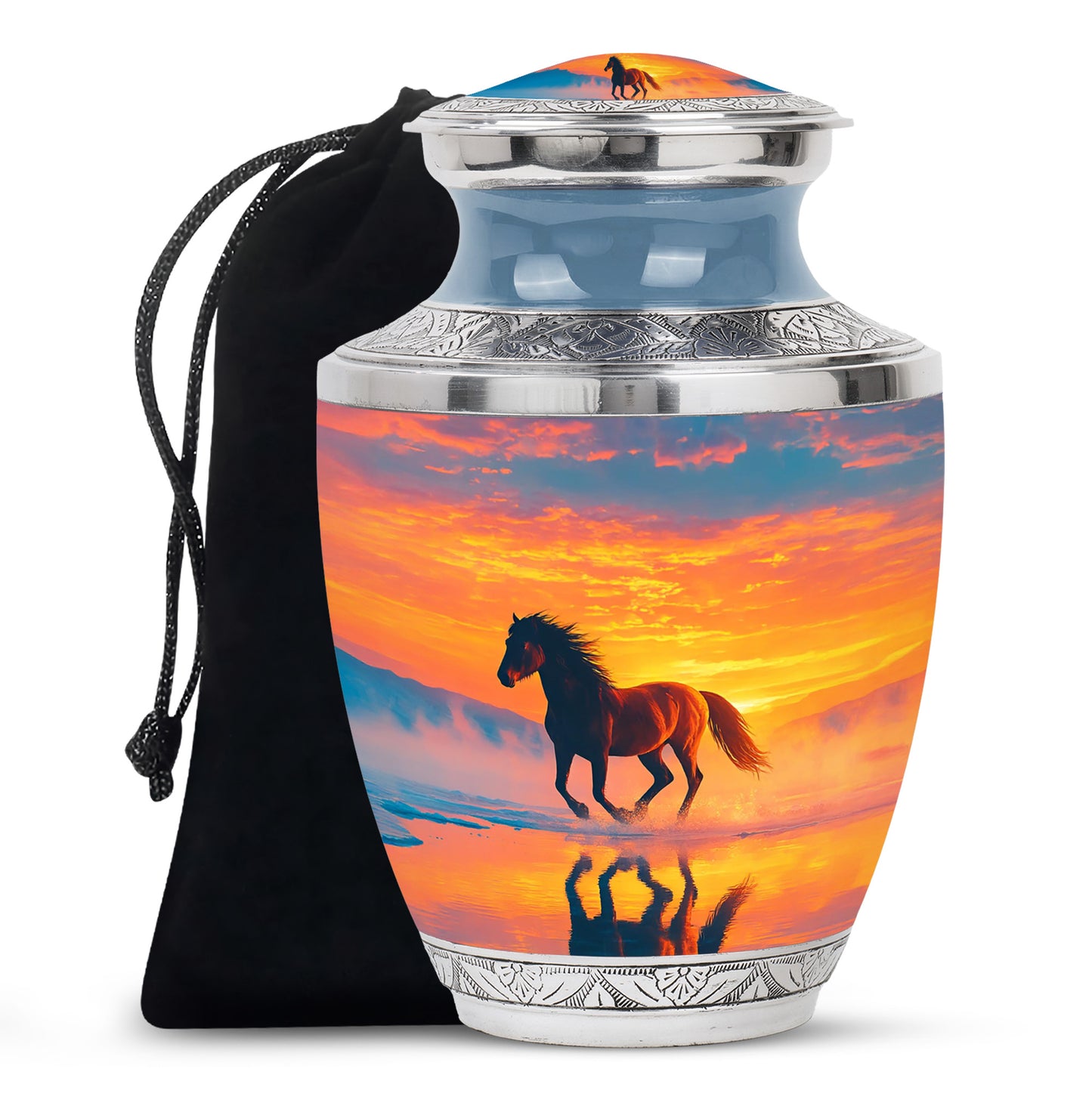 Twilight Blue Horse Cremation Urn side profile showing urn shape - artistic horse interpretation with creative detail - full-size 10 inch 200 cubic inch adult cremation urn