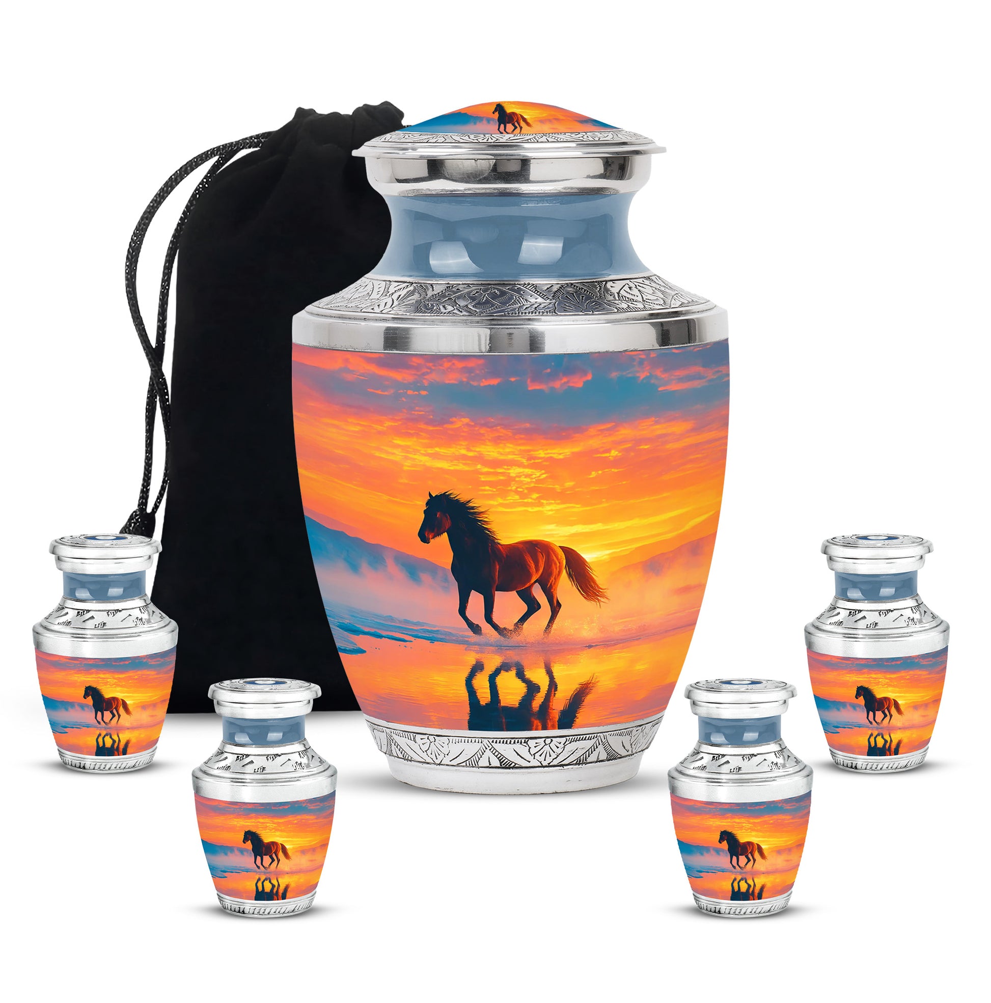 Bright Blue Horse Cremation Urn lifestyle display on memorial shelf - stylized abstract horse pattern with bold lines - memorial set with one large and four small urns