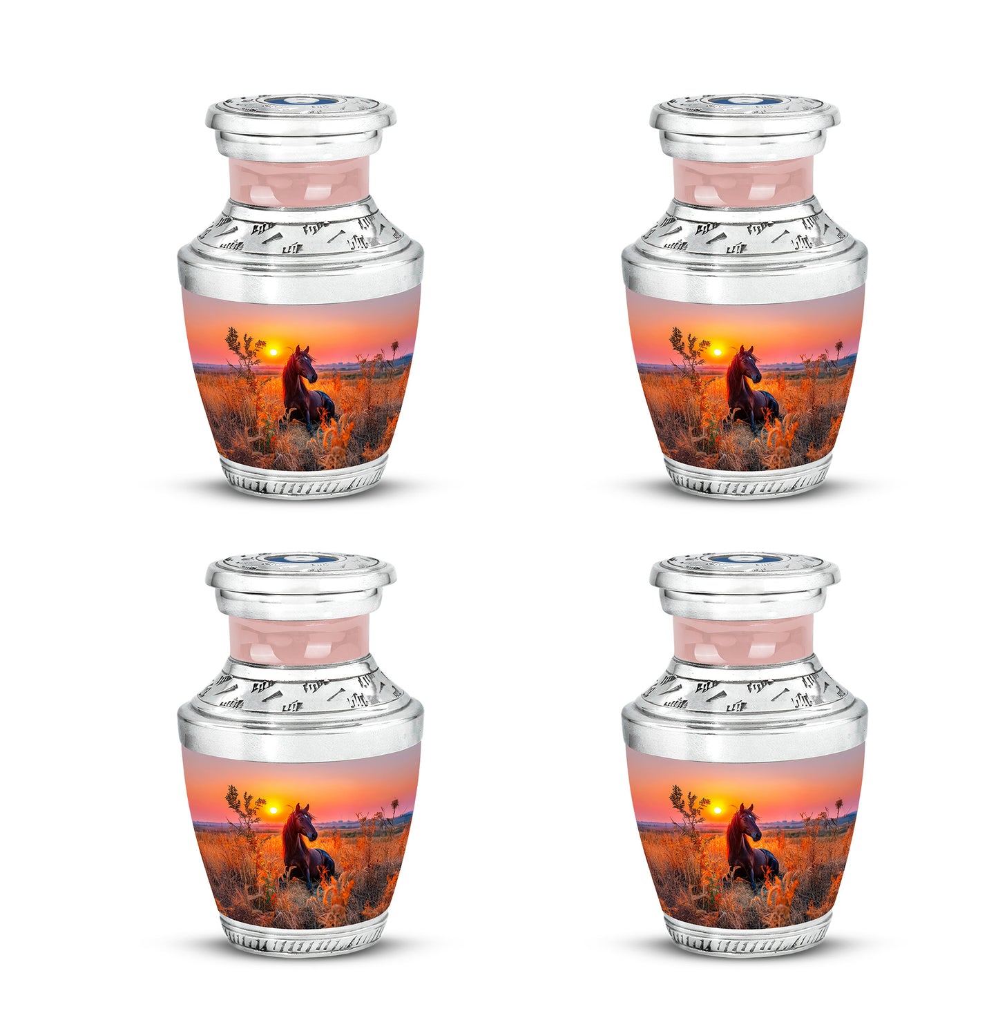 Cherry Red Horse Cremation Urn back view with polished surface - stylized abstract horse pattern with bold lines - 10 inch aluminum urn for cremated remains