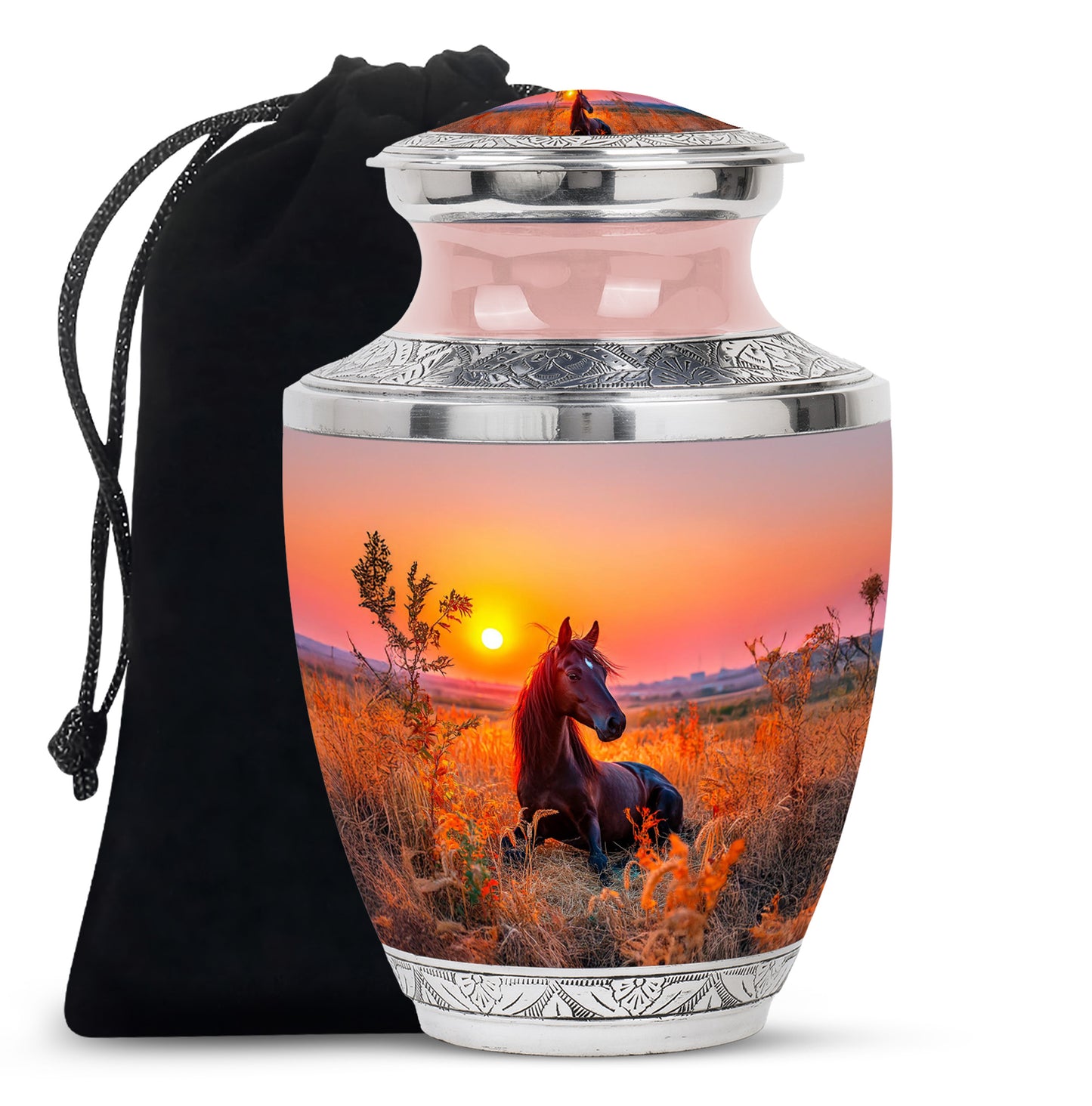 Garnet Red Horse Cremation Urn side profile showing urn shape - modern art-inspired horse motif on sleek aluminum - full-size 10 inch 200 cubic inch adult cremation urn