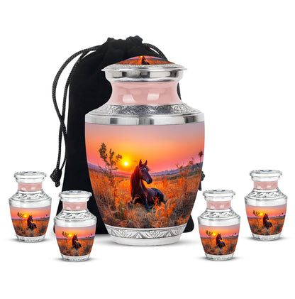 Burgundy Red Horse Cremation Urn lifestyle display on memorial shelf - modern art-inspired horse motif on sleek aluminum - memorial set with one large and four small urns