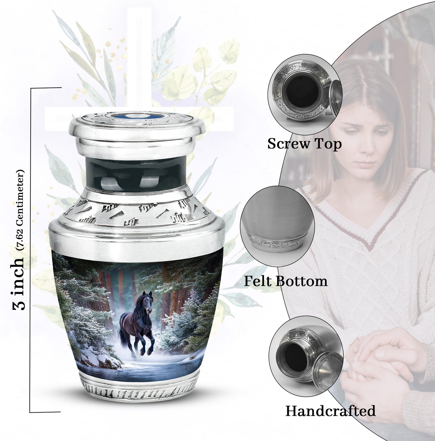 Azure Horse Cremation Urn top-down view of secure threaded lid - modern art-inspired horse motif on sleek aluminum - mini keepsake memorial for portion of cremation ashes