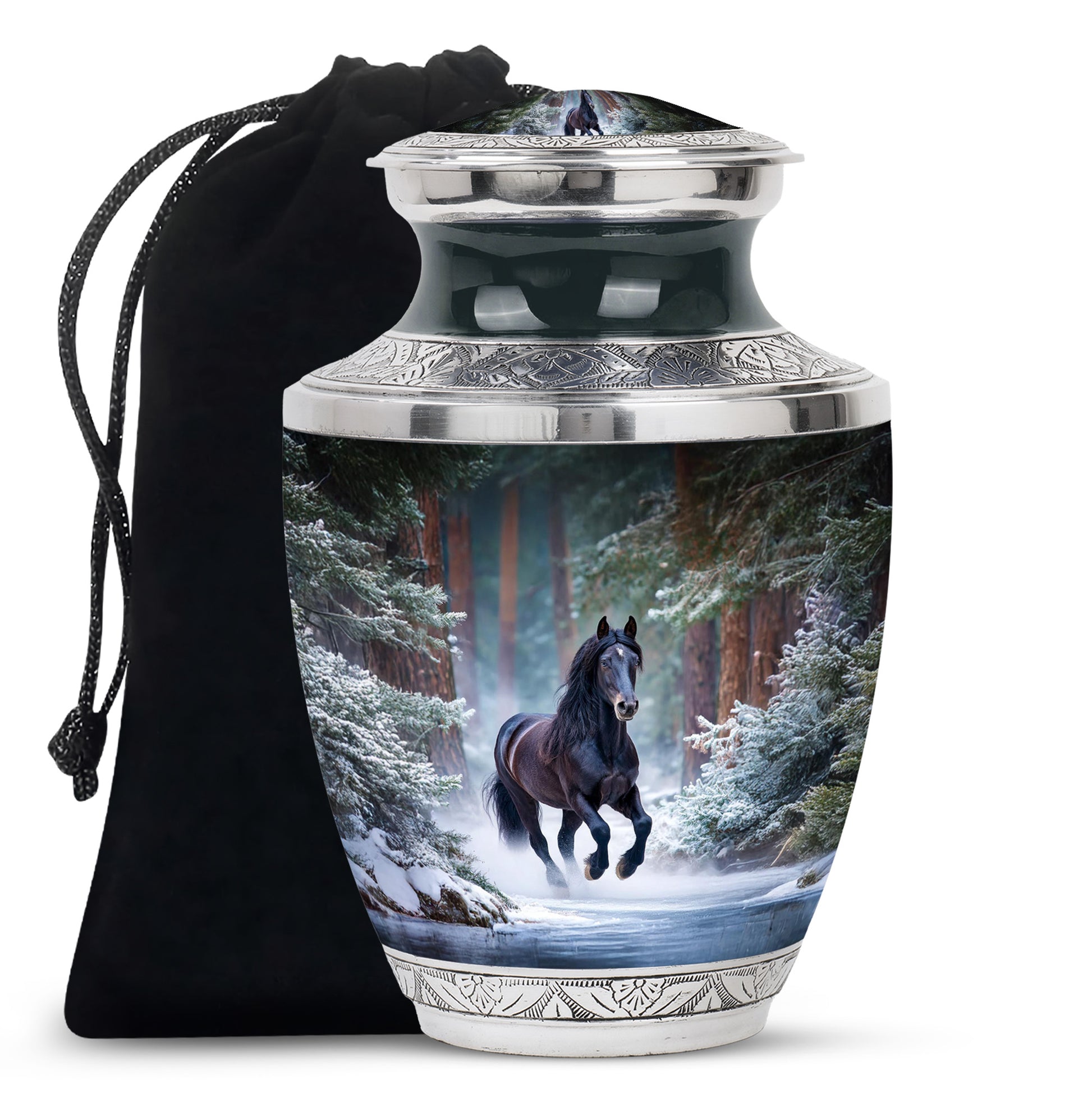 Steel Blue Horse Cremation Urn side profile showing urn shape - stylized abstract horse pattern with bold lines - full-size 10 inch 200 cubic inch adult cremation urn