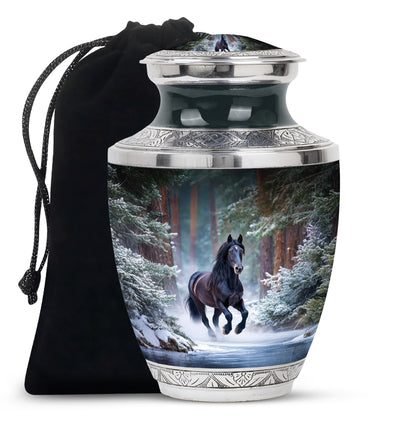 Steel Blue Horse Cremation Urn side profile showing urn shape - stylized abstract horse pattern with bold lines - full-size 10 inch 200 cubic inch adult cremation urn
