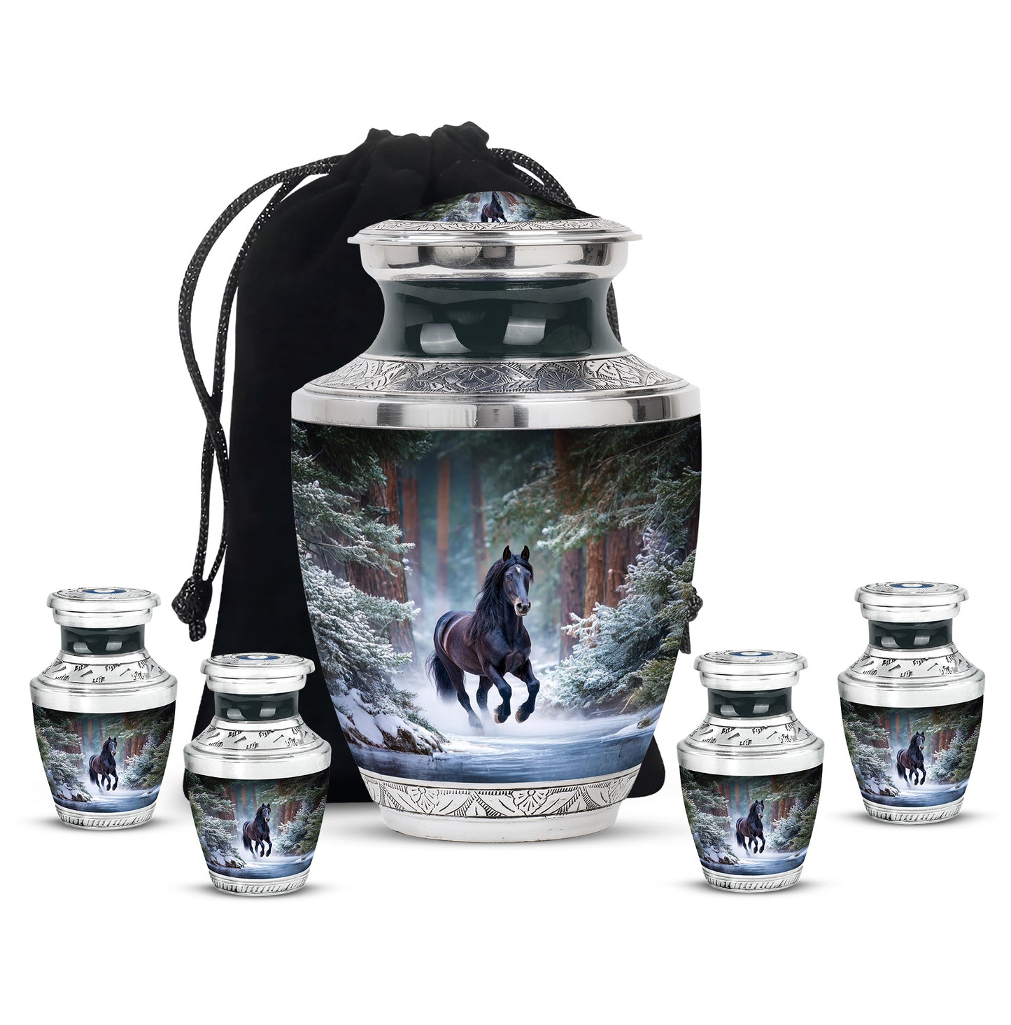 Misty Blue Horse Cremation Urn lifestyle display on memorial shelf - contemporary horse design with modern artistic flair - memorial set with one large and four small urns