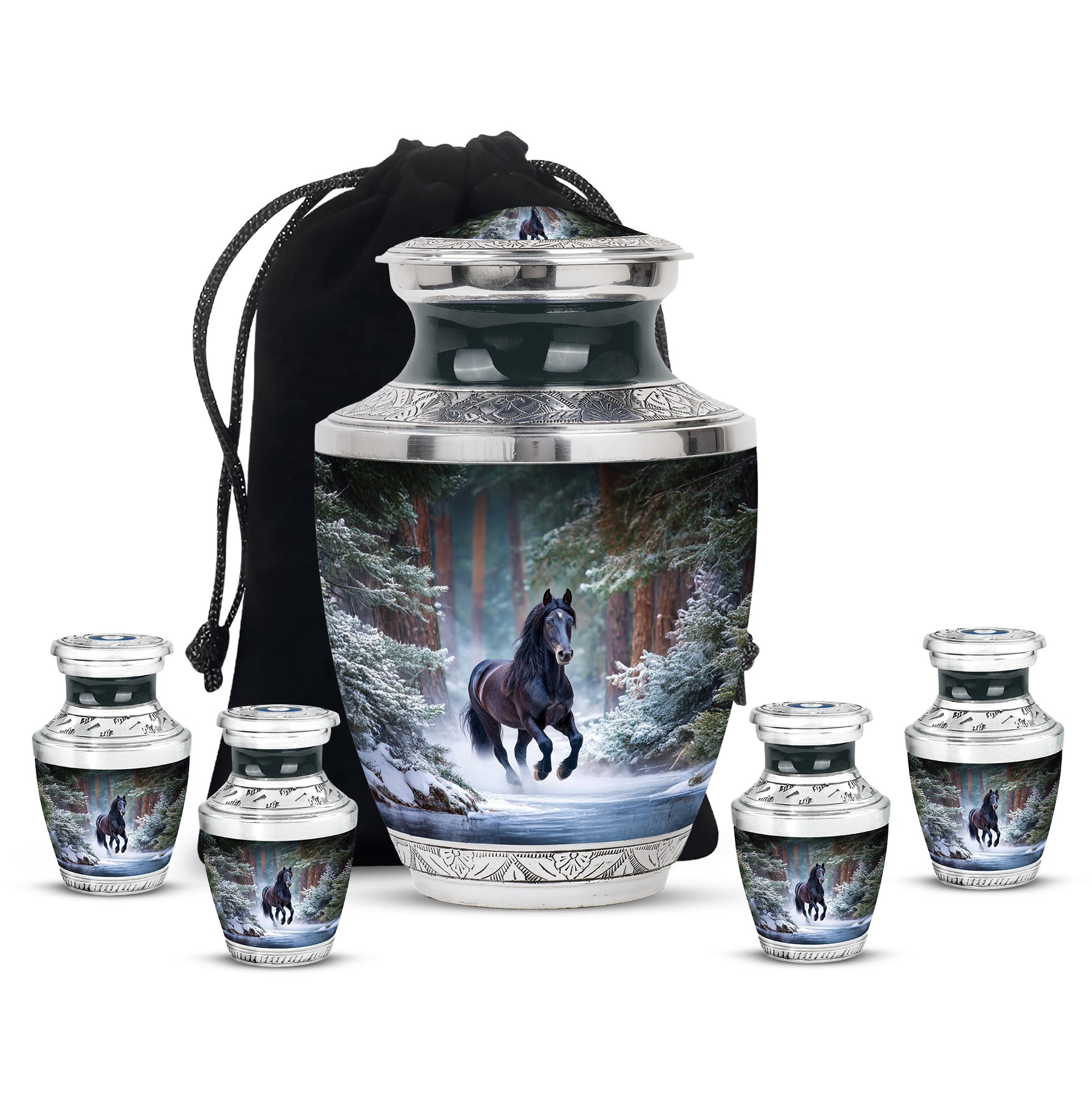 Misty Blue Horse Cremation Urn lifestyle display on memorial shelf - contemporary horse design with modern artistic flair - memorial set with one large and four small urns