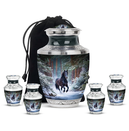 Misty Blue Horse Cremation Urn lifestyle display on memorial shelf - contemporary horse design with modern artistic flair - memorial set with one large and four small urns
