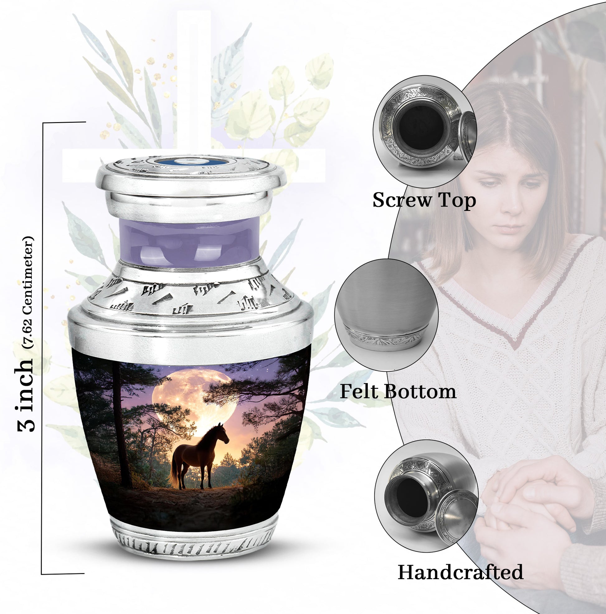 Powder Blue Horse Cremation Urn top-down view of secure threaded lid - modern art-inspired horse motif on sleek aluminum - mini keepsake memorial for portion of cremation ashes