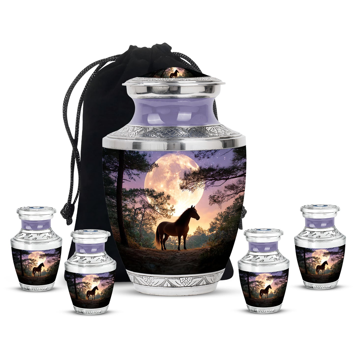 Steel Blue Horse Cremation Urn lifestyle display on memorial shelf - stylized abstract horse pattern with bold lines - memorial set with one large and four small urns