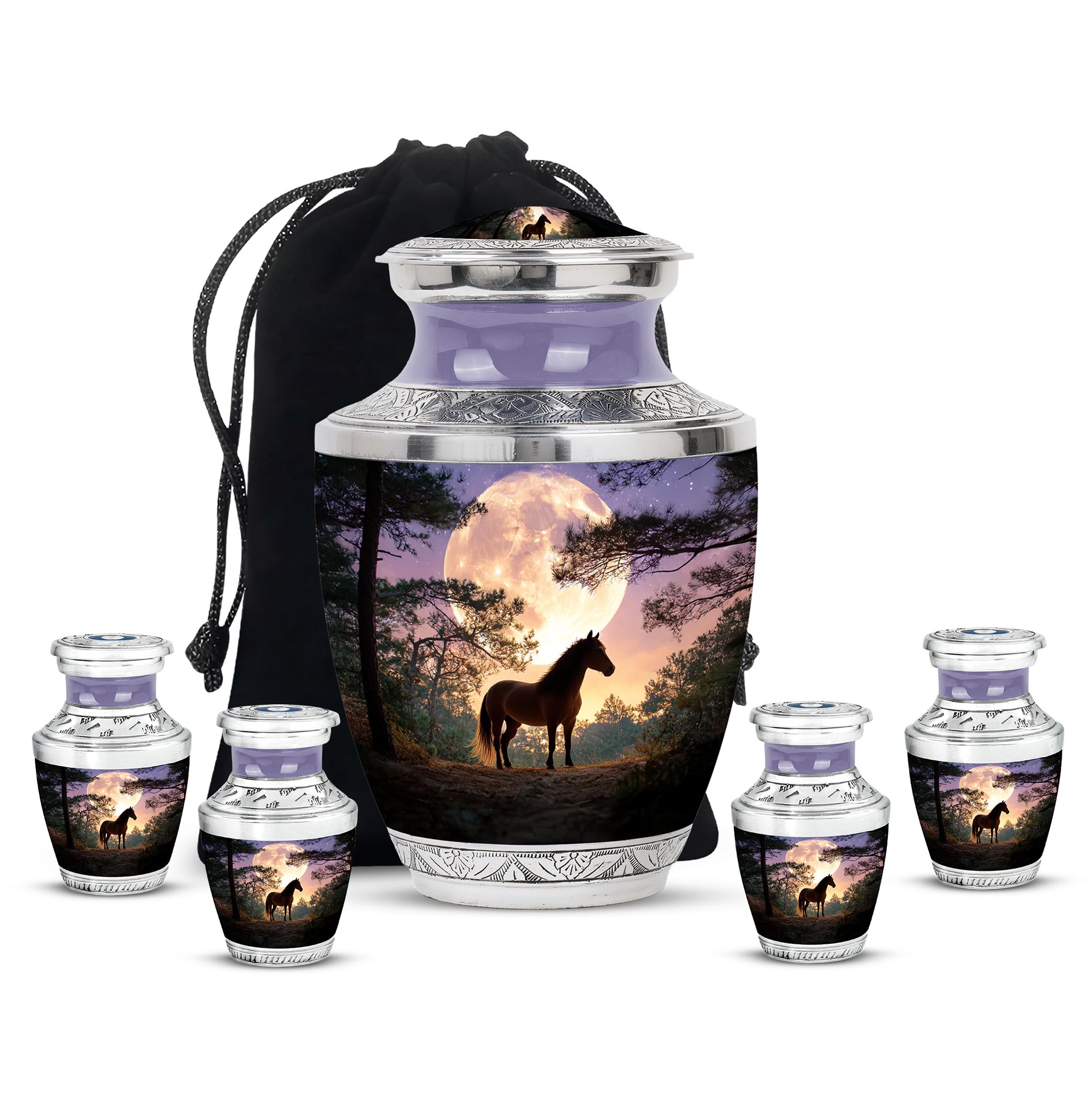 Steel Blue Horse Cremation Urn lifestyle display on memorial shelf - stylized abstract horse pattern with bold lines - memorial set with one large and four small urns