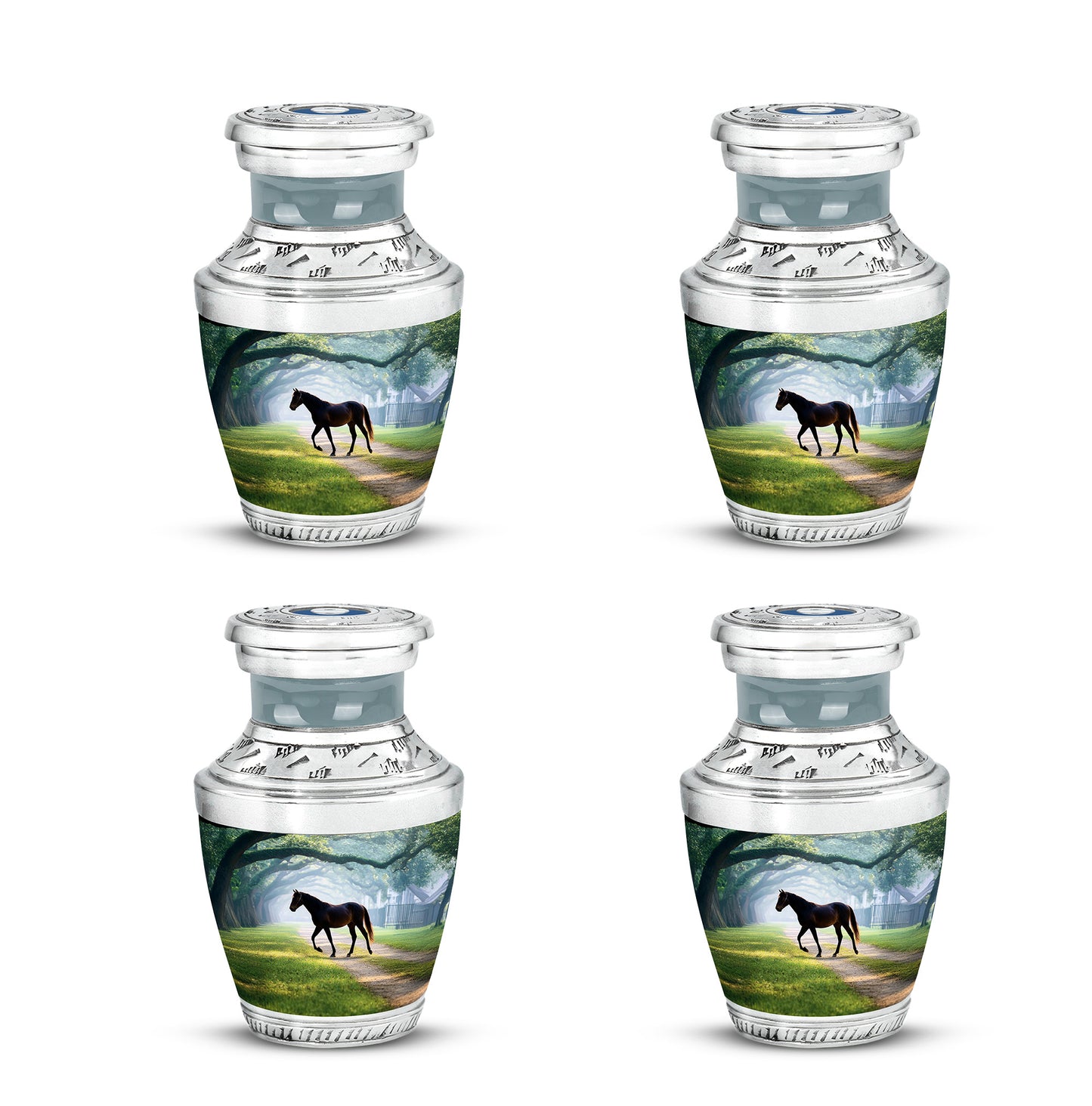 Vivid Teal Horse Cremation Urn back view with polished surface - artistic horse interpretation with creative detail - 10 inch aluminum urn for cremated remains