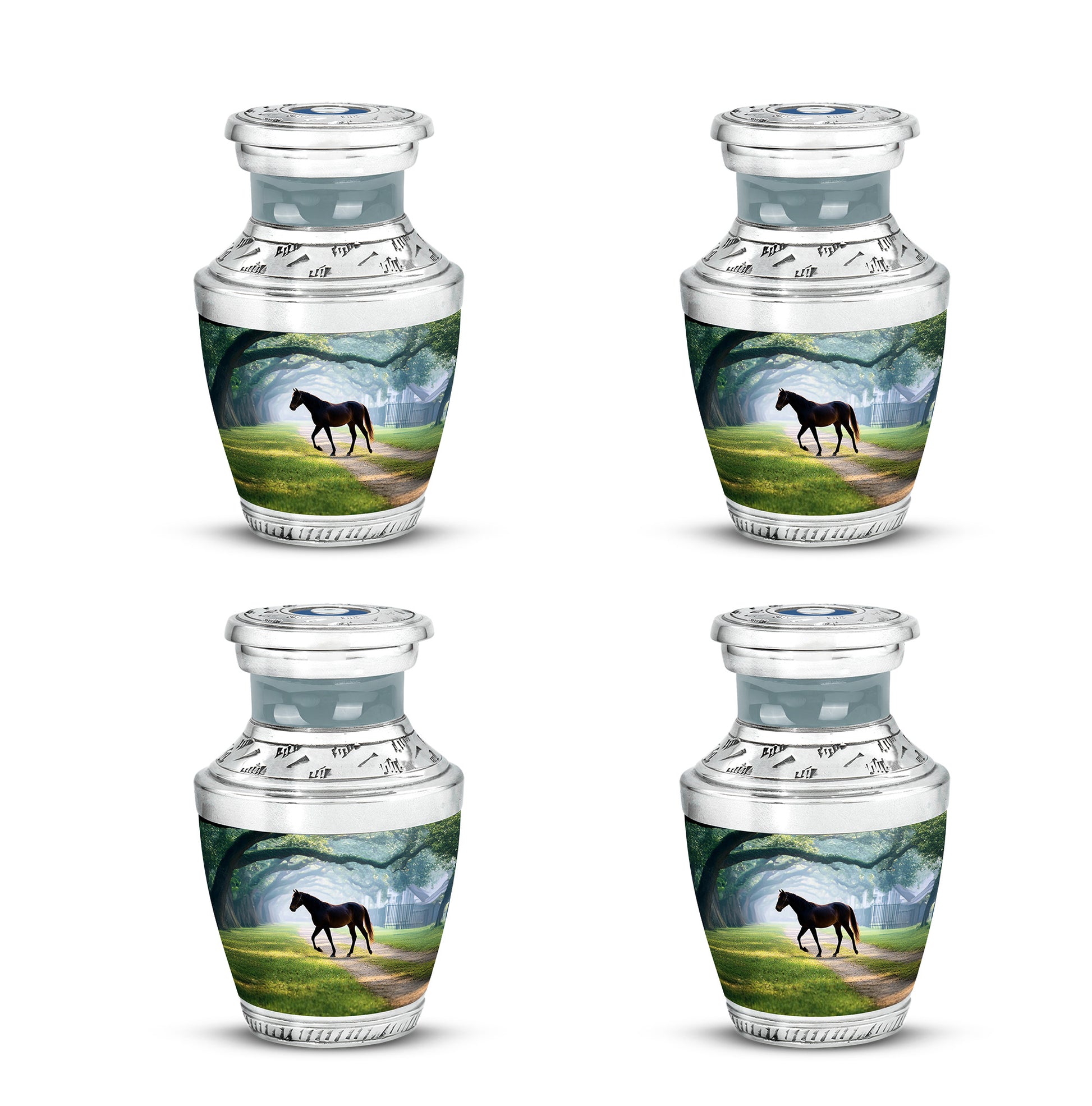 Vivid Teal Horse Cremation Urn back view with polished surface - artistic horse interpretation with creative detail - 10 inch aluminum urn for cremated remains
