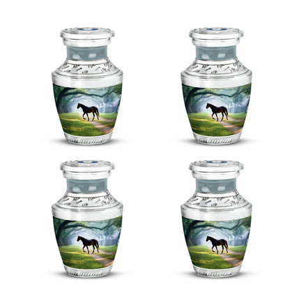 Vivid Teal Horse Cremation Urn back view with polished surface - artistic horse interpretation with creative detail - 10 inch aluminum urn for cremated remains