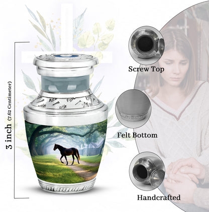 Vivid Teal Horse Cremation Urn top-down view of secure threaded lid - artistic horse interpretation with creative detail - mini keepsake memorial for portion of cremation ashes