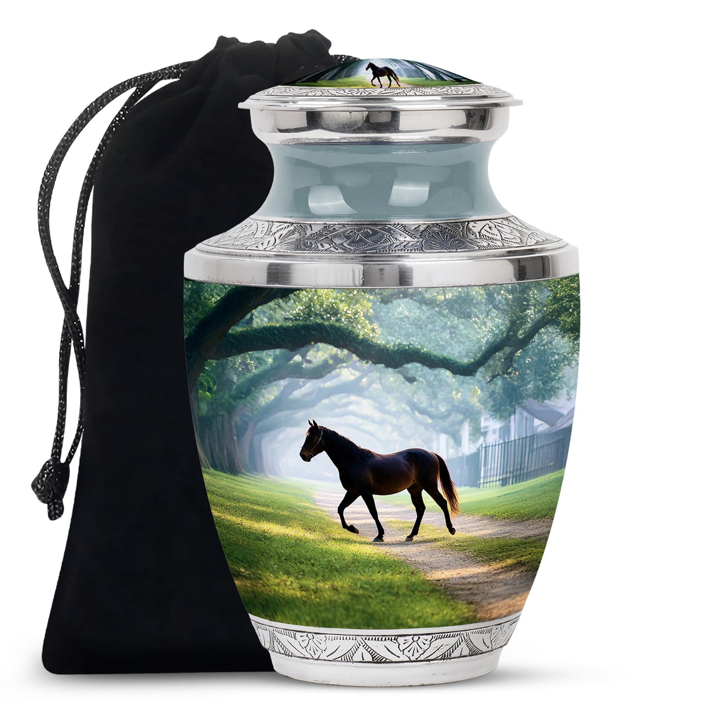 Tropical Teal Horse Cremation Urn side profile showing urn shape - artistic horse interpretation with creative detail - full-size 10 inch 200 cubic inch adult cremation urn
