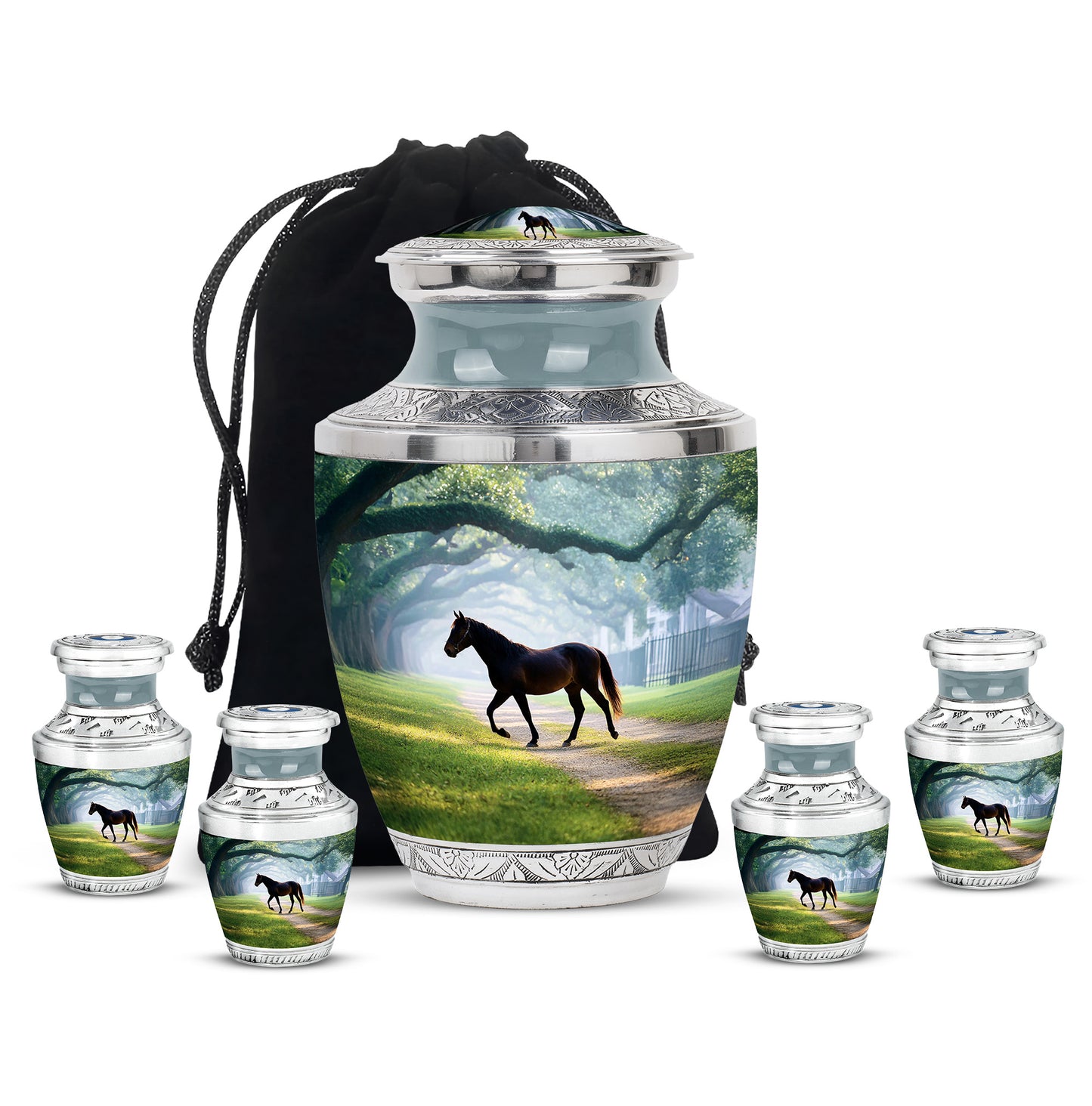 Tropical Teal Horse Cremation Urn lifestyle display on memorial shelf - artistic horse interpretation with creative detail - memorial set with one large and four small urns