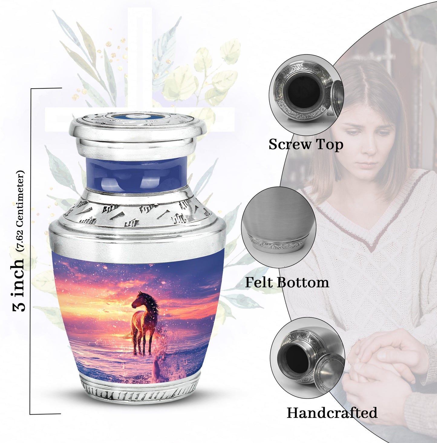 Misty Blue Horse Cremation Urn top-down view of secure threaded lid - contemporary horse design with modern artistic flair - mini keepsake memorial for portion of cremation ashes