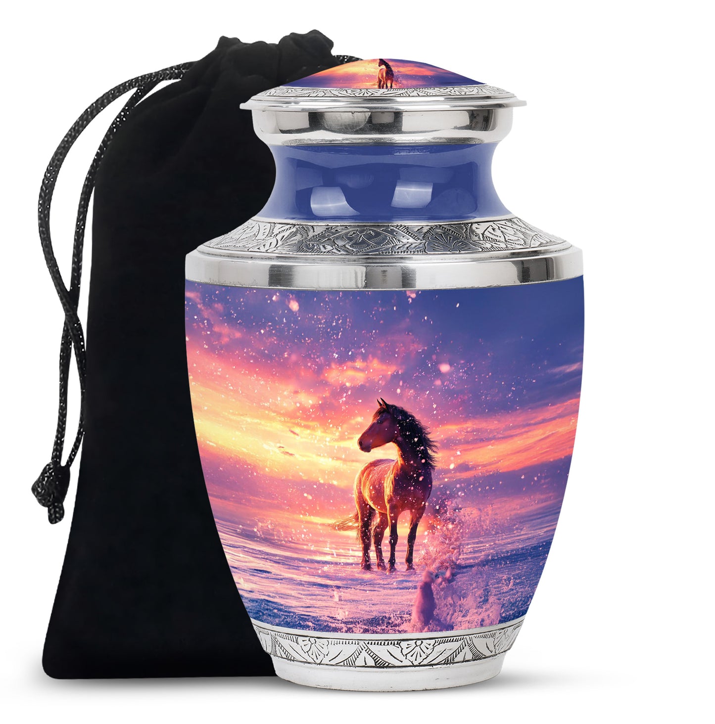 Sapphire Blue Horse Cremation Urn side profile showing urn shape - artistic horse interpretation with creative detail - full-size 10 inch 200 cubic inch adult cremation urn