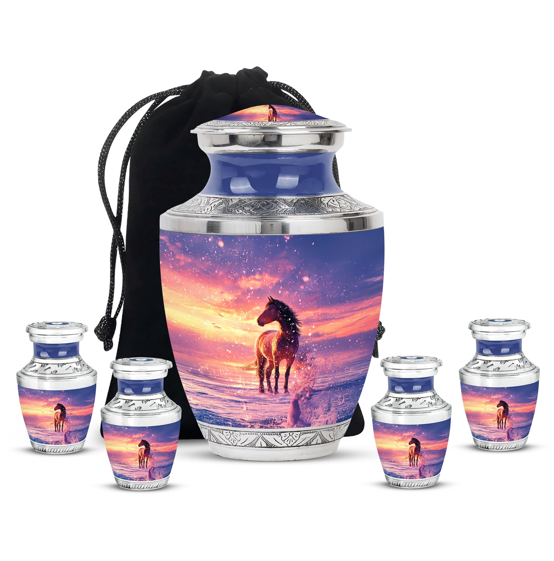 Dusty Blue Horse Cremation Urn lifestyle display on memorial shelf - modern art-inspired horse motif on sleek aluminum - memorial set with one large and four small urns