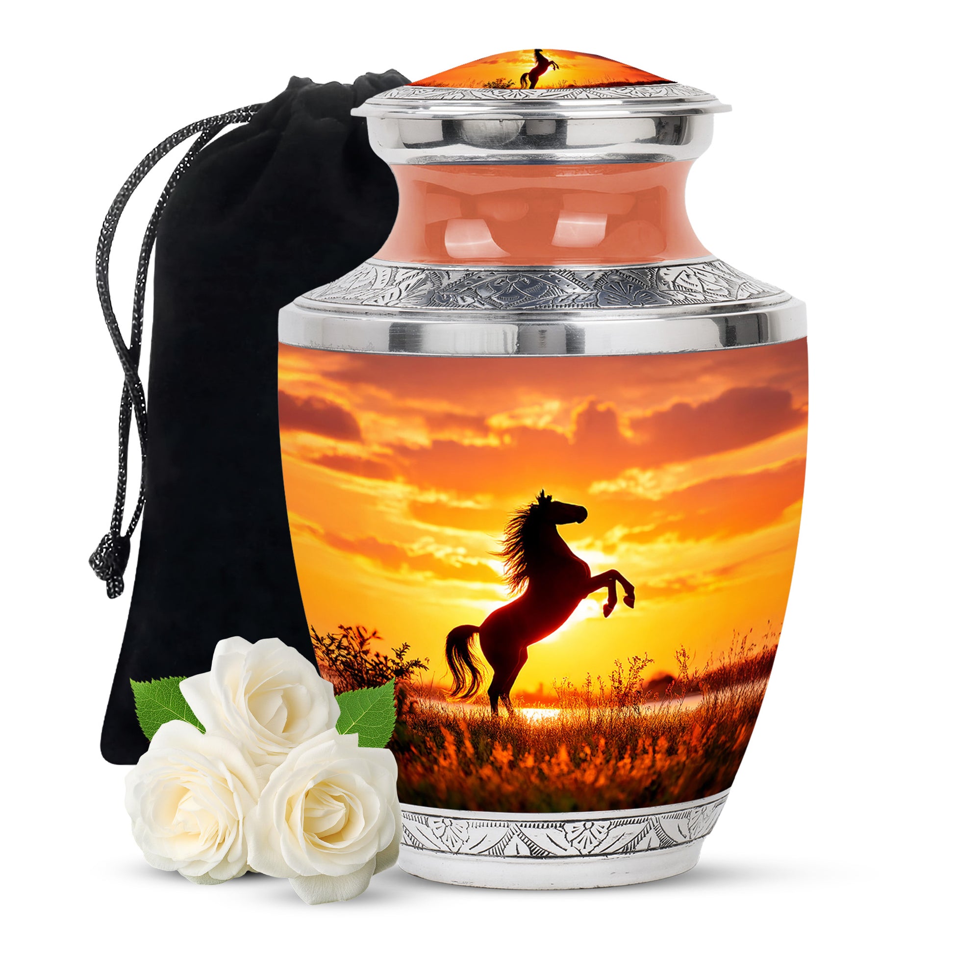 Garnet Red Horse Cremation Urn side profile showing urn shape - modern art-inspired horse motif on sleek aluminum - full-size 10 inch 200 cubic inch adult cremation urn