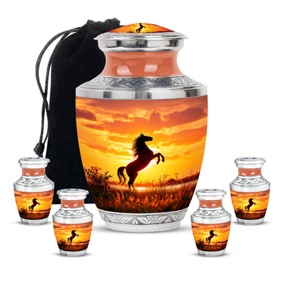 Wine Red Horse Cremation Urn lifestyle display on memorial shelf - modern art-inspired horse motif on sleek aluminum - memorial set with one large and four small urns