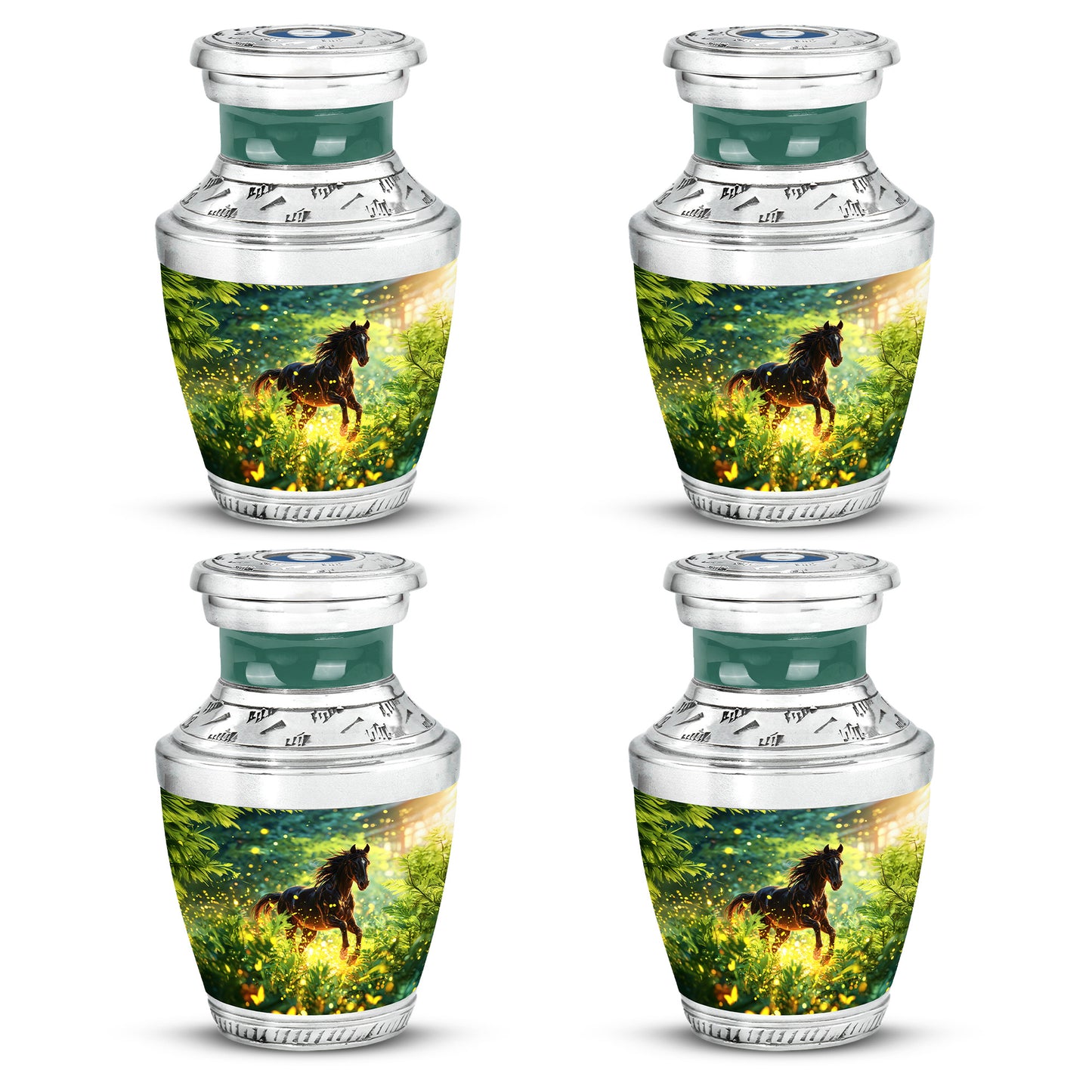 Vivid Teal Horse Cremation Urn back view with polished surface - artistic horse interpretation with creative detail - 10 inch aluminum urn for cremated remains