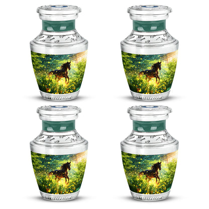 Vivid Teal Horse Cremation Urn back view with polished surface - artistic horse interpretation with creative detail - 10 inch aluminum urn for cremated remains