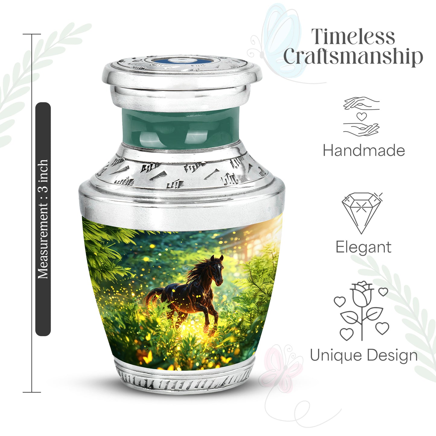 Vivid Teal Horse Cremation Urn top-down view of secure threaded lid - stylized abstract horse pattern with bold lines - mini keepsake memorial for portion of cremation ashes