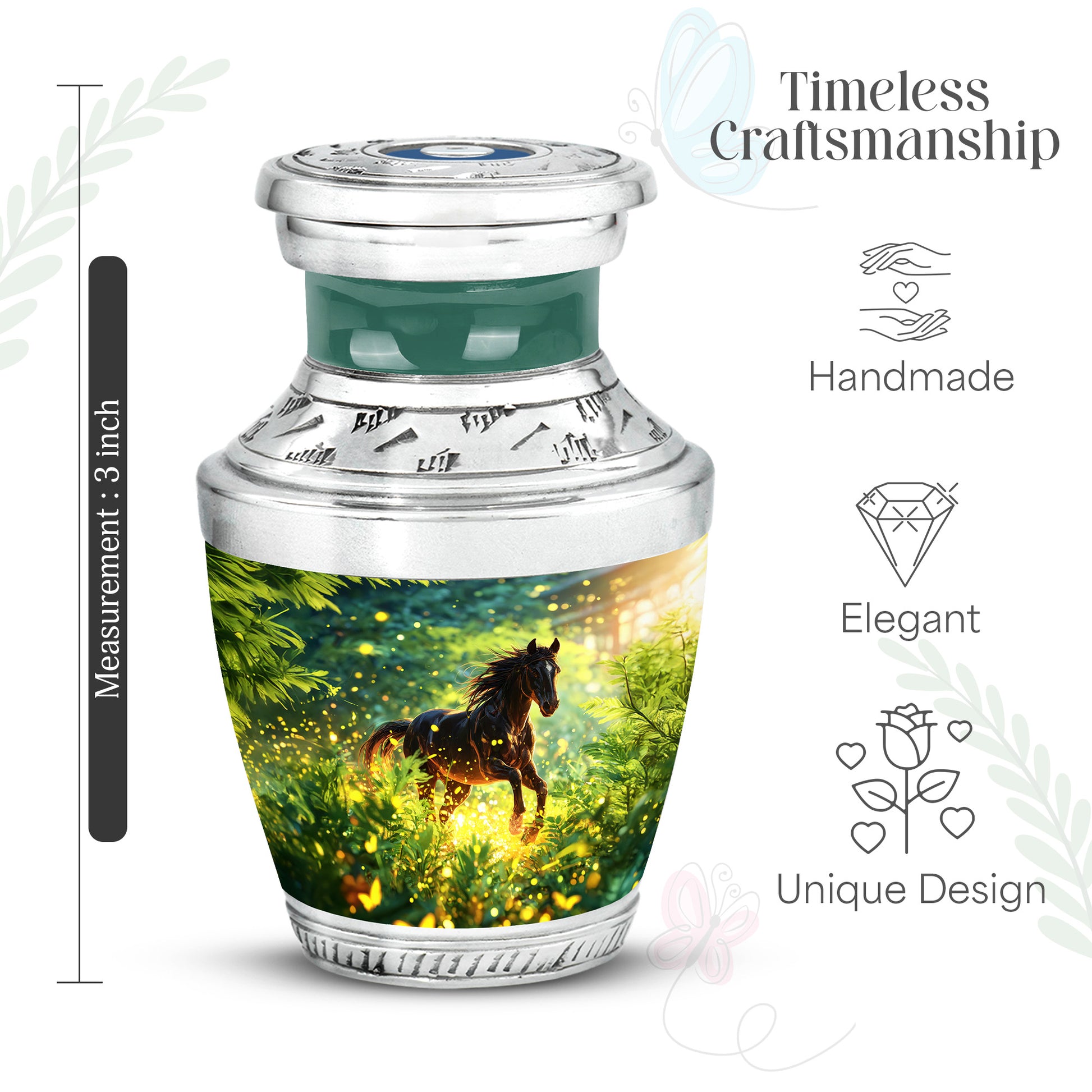 Vivid Teal Horse Cremation Urn top-down view of secure threaded lid - stylized abstract horse pattern with bold lines - mini keepsake memorial for portion of cremation ashes