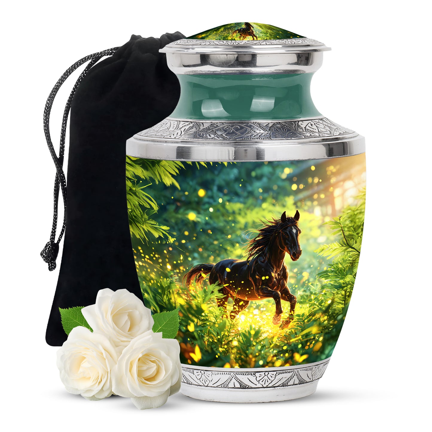 Cool Teal Horse Cremation Urn side profile showing urn shape - contemporary horse design with modern artistic flair - full-size 10 inch 200 cubic inch adult cremation urn
